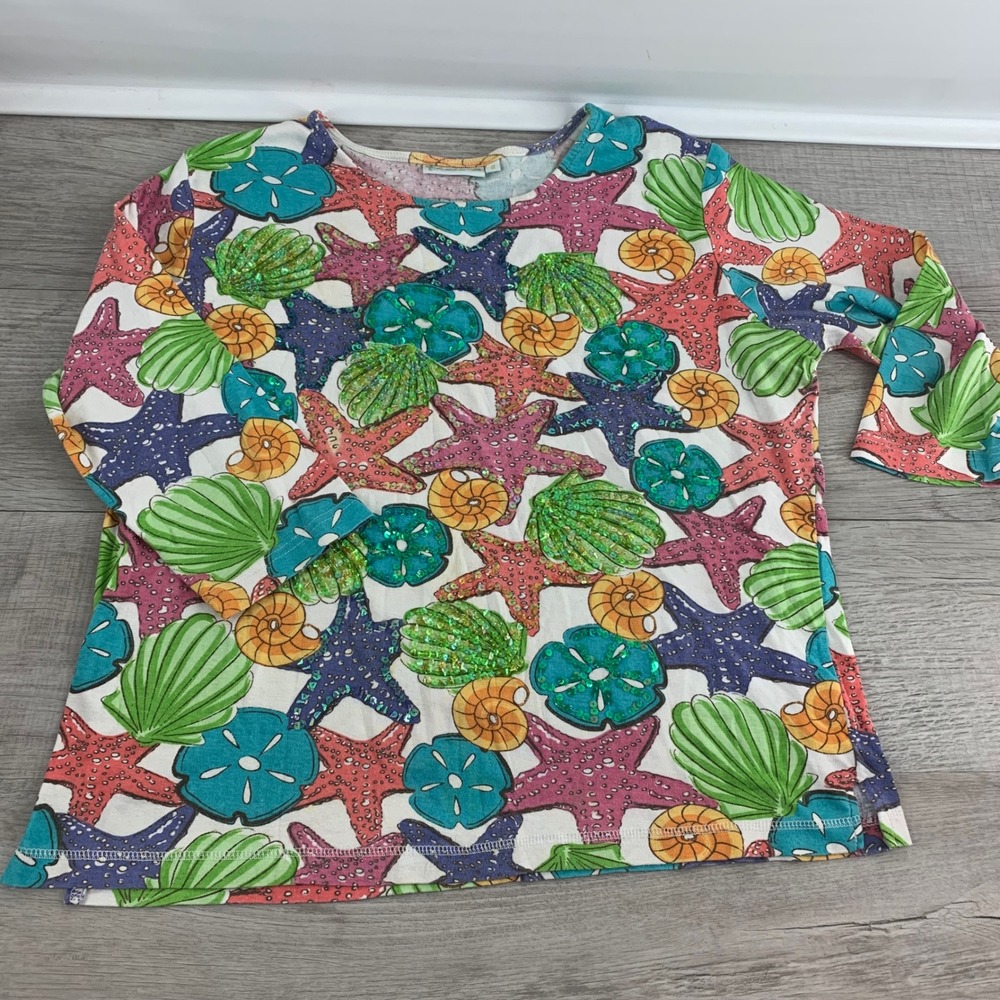 Lulu-B Womens 1X Coastal Shell Starfish Sequin Cotton 3/4 Sleeve Top Multi-Color